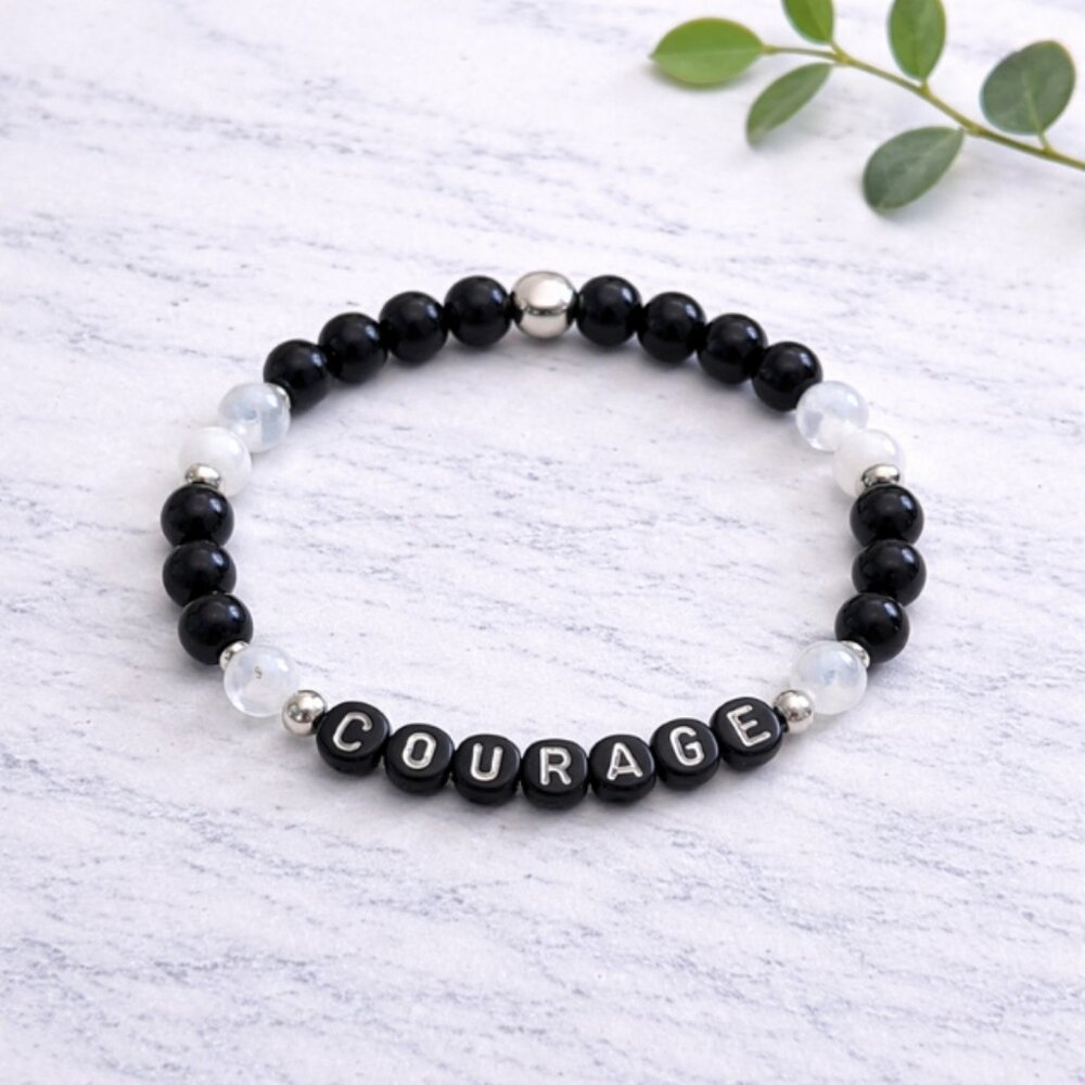 COURAGE Obsidian and Moonstone Crystal Bracelet 6mm Beads Jewelry Gift Ready